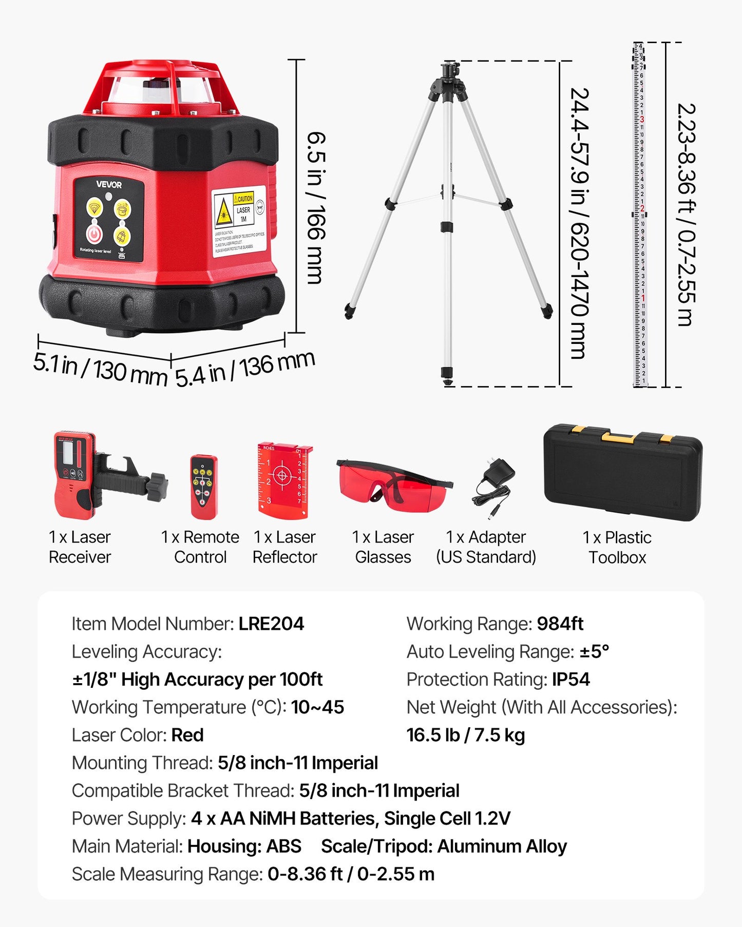 Rotary Laser Level Kit, 984ft 360-Degree Self Leveling Red Horizontal Laser Transit,with Tripod,Receiver,Remote Control, Scale, Toolcase, IP54 Waterproof, 0.12in/100ft Precision for Construction