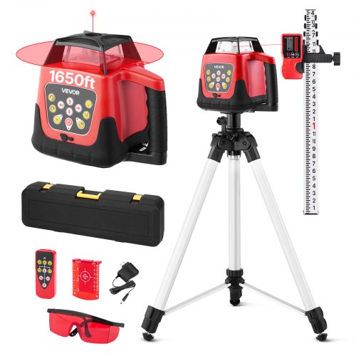 Rotary Laser Level Kit, 1650ft 360-Degree Self Leveling Red Horizontal Laser Transit,with Tripod,Receiver,Remote Control, Scale,Toolcase, IP66 Waterproof, 0.80in/100ft Precision for Construction