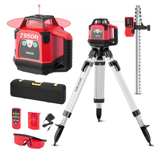 Rotary Laser Level Kit, 2650ft 360-Degree Self Leveling Red Horizontal Laser Transit,with Heavy-duty Tripod, Receiver, Remote Control, Toolcase, IP66 Waterproof, 0.06in/100ft for Construction
