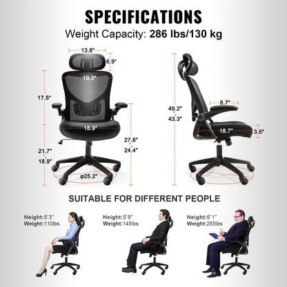 Office Chair with Adjustable Lumbar Support, High Back Ergonomic Desk Chair with Adjustable Headrest, Ergonomic Office Chair Backrest with 2D Armrest, Computer Chair for Home, Office
