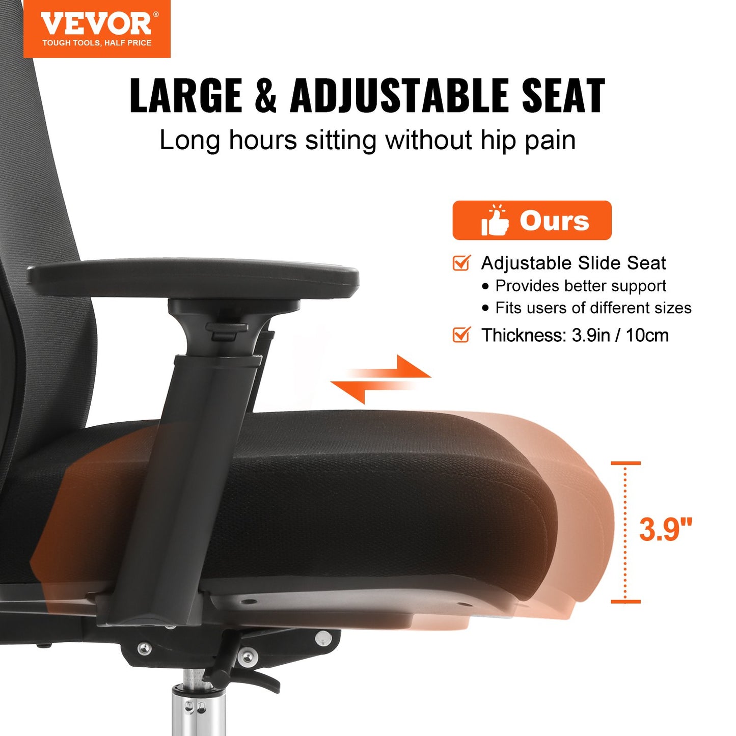 Ergonomic office chair with sliding seat, desk chair with mesh seat, angle and height adjustable home office chair with back and lumbar support, swivel computer chair
