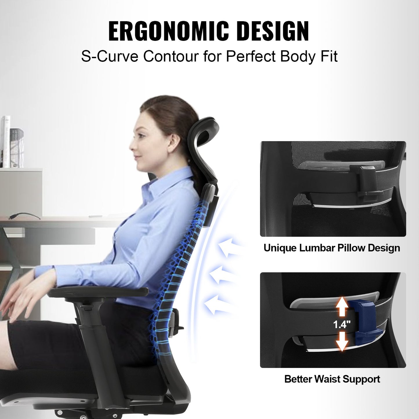 Ergonomic office chair with sliding seat, desk chair with mesh seat, angle and height adjustable home office chair with back and lumbar support, swivel computer chair