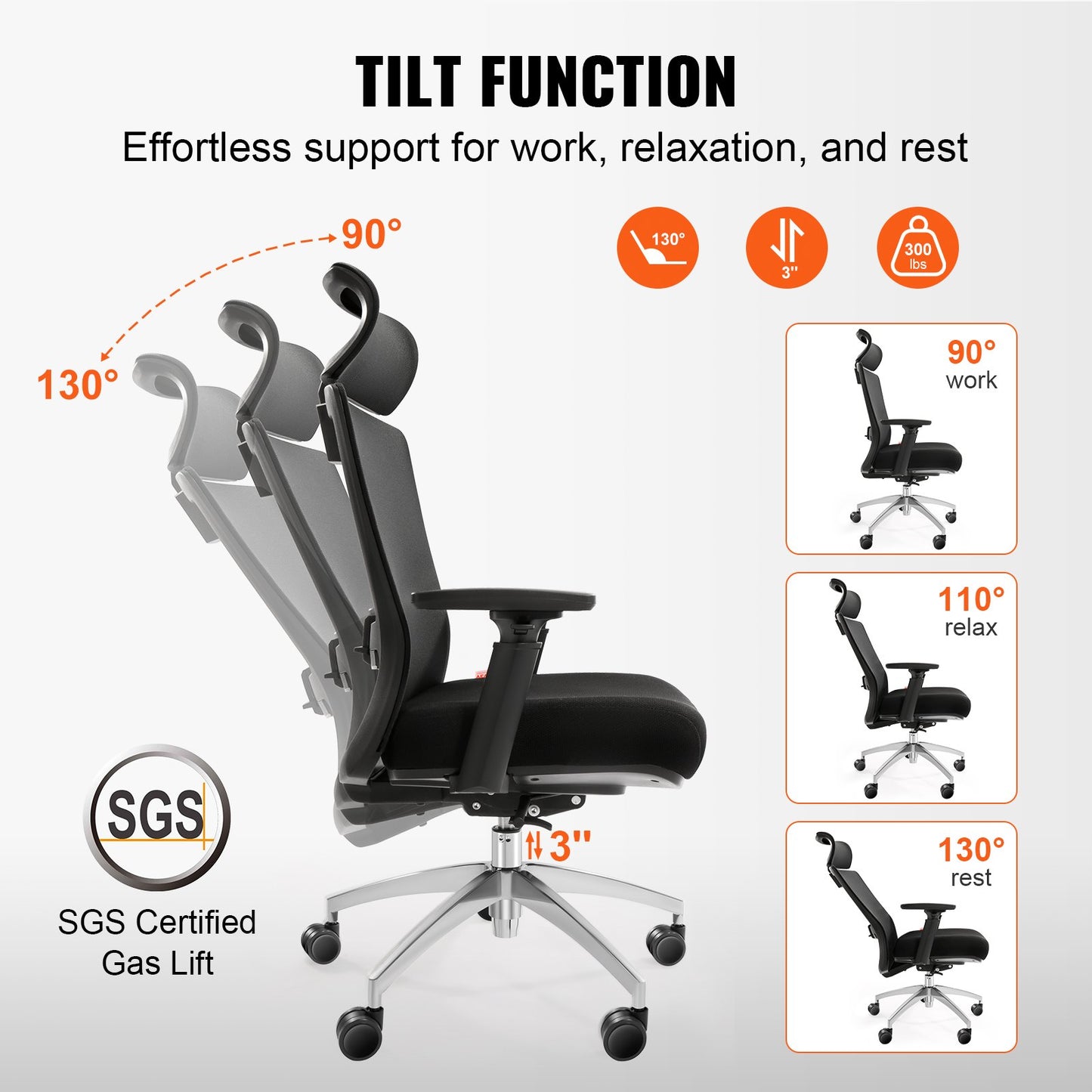 Ergonomic office chair with sliding seat, desk chair with mesh seat, angle and height adjustable home office chair with back and lumbar support, swivel computer chair