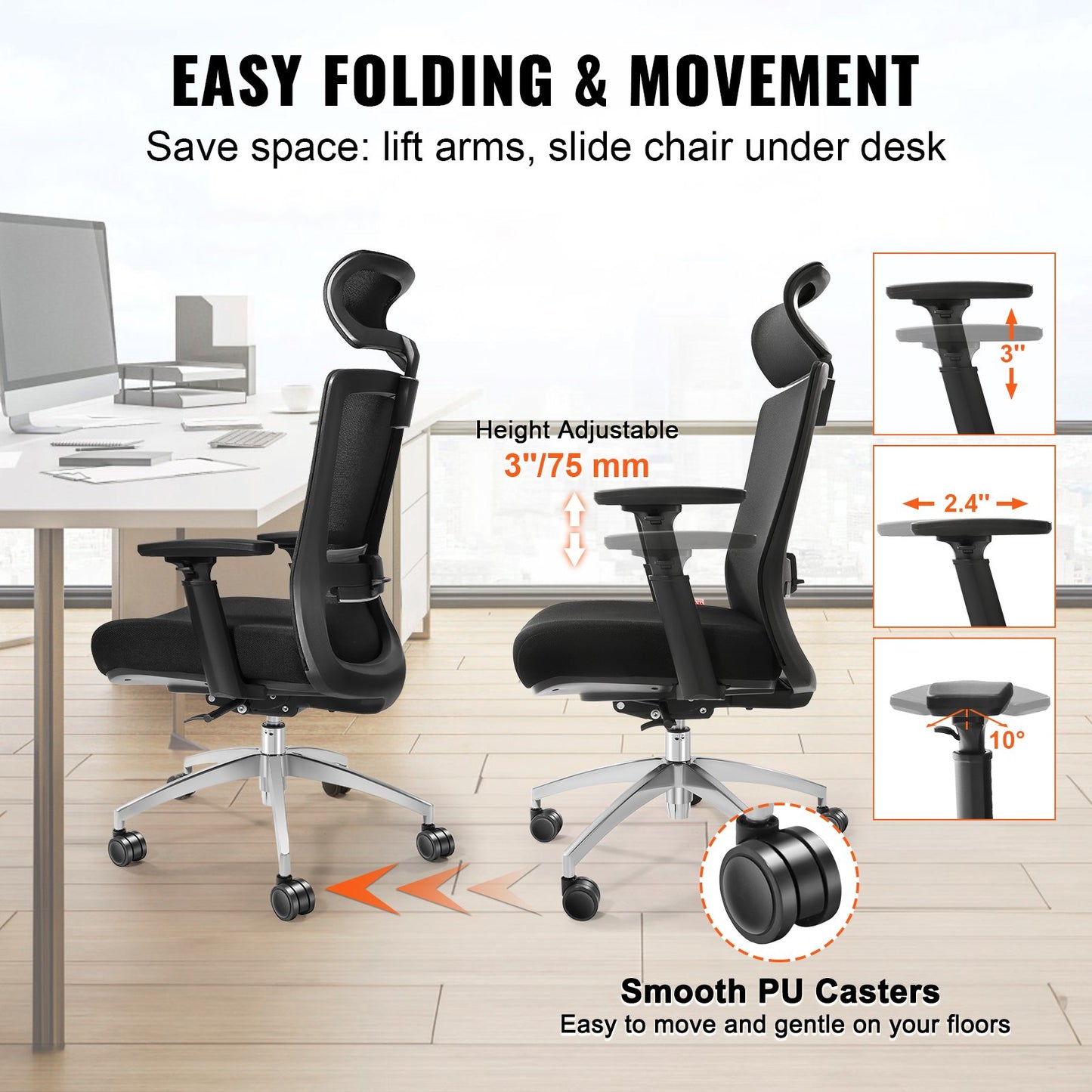 Ergonomic office chair with sliding seat, desk chair with mesh seat, angle and height adjustable home office chair with back and lumbar support, swivel computer chair