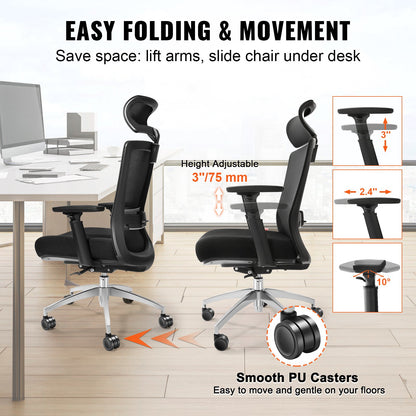 Ergonomic office chair with sliding seat, desk chair with mesh seat, angle and height adjustable home office chair with back and lumbar support, swivel computer chair