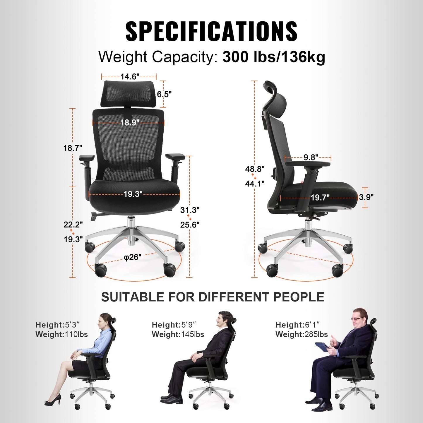 Ergonomic office chair with sliding seat, desk chair with mesh seat, angle and height adjustable home office chair with back and lumbar support, swivel computer chair