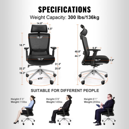 Ergonomic office chair with sliding seat, desk chair with mesh seat, angle and height adjustable home office chair with back and lumbar support, swivel computer chair