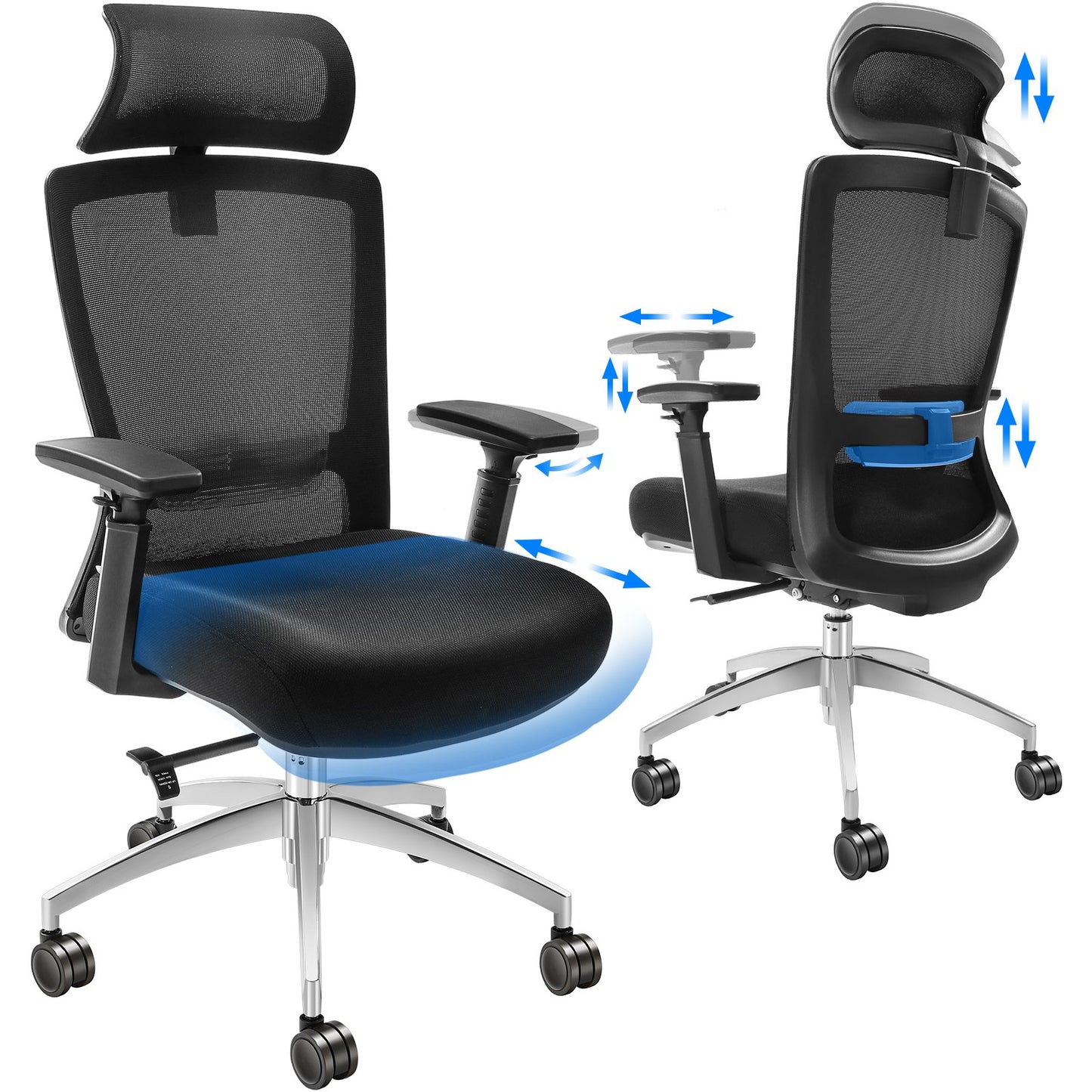 Ergonomic office chair with sliding seat, desk chair with mesh seat, angle and height adjustable home office chair with back and lumbar support, swivel computer chair