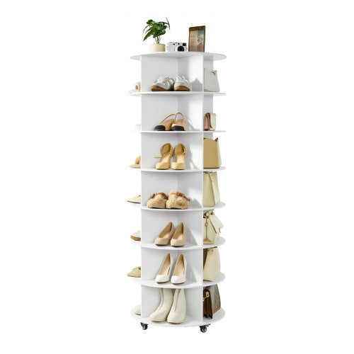 7 Tiers Rotating Shoe Rack Tower with Wheels, Movable 360° Spinning Carousel Display, Lazy Susan Organizer Closet Shelf for Living Room, Entryway, White