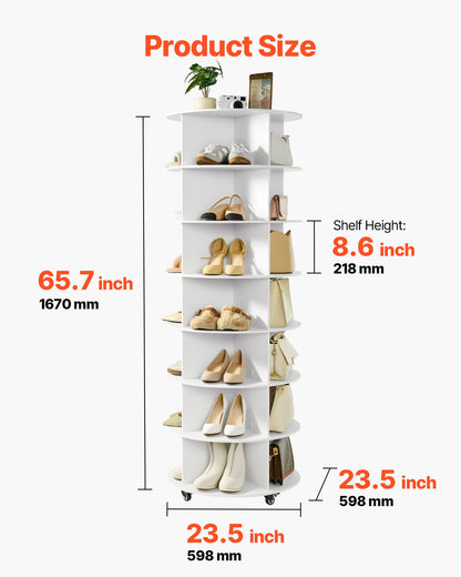 7 Tiers Rotating Shoe Rack Tower with Wheels, Movable 360° Spinning Carousel Display, Lazy Susan Organizer Closet Shelf for Living Room, Entryway, White