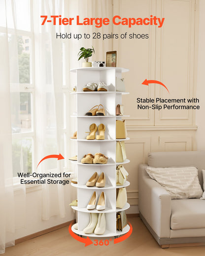 7 Tiers Rotating Shoe Rack Tower with Wheels, Movable 360° Spinning Carousel Display, Lazy Susan Organizer Closet Shelf for Living Room, Entryway, White