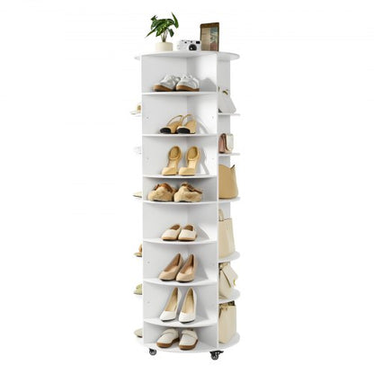 7 Tier Rotating Shoe Rack Tower with Adjustable Shelves, Movable 360° Spinning Carousel Display with Wheels, Lazy Susan Organizer Closet for Bedroom, Living Room, Entryway, Closet, White