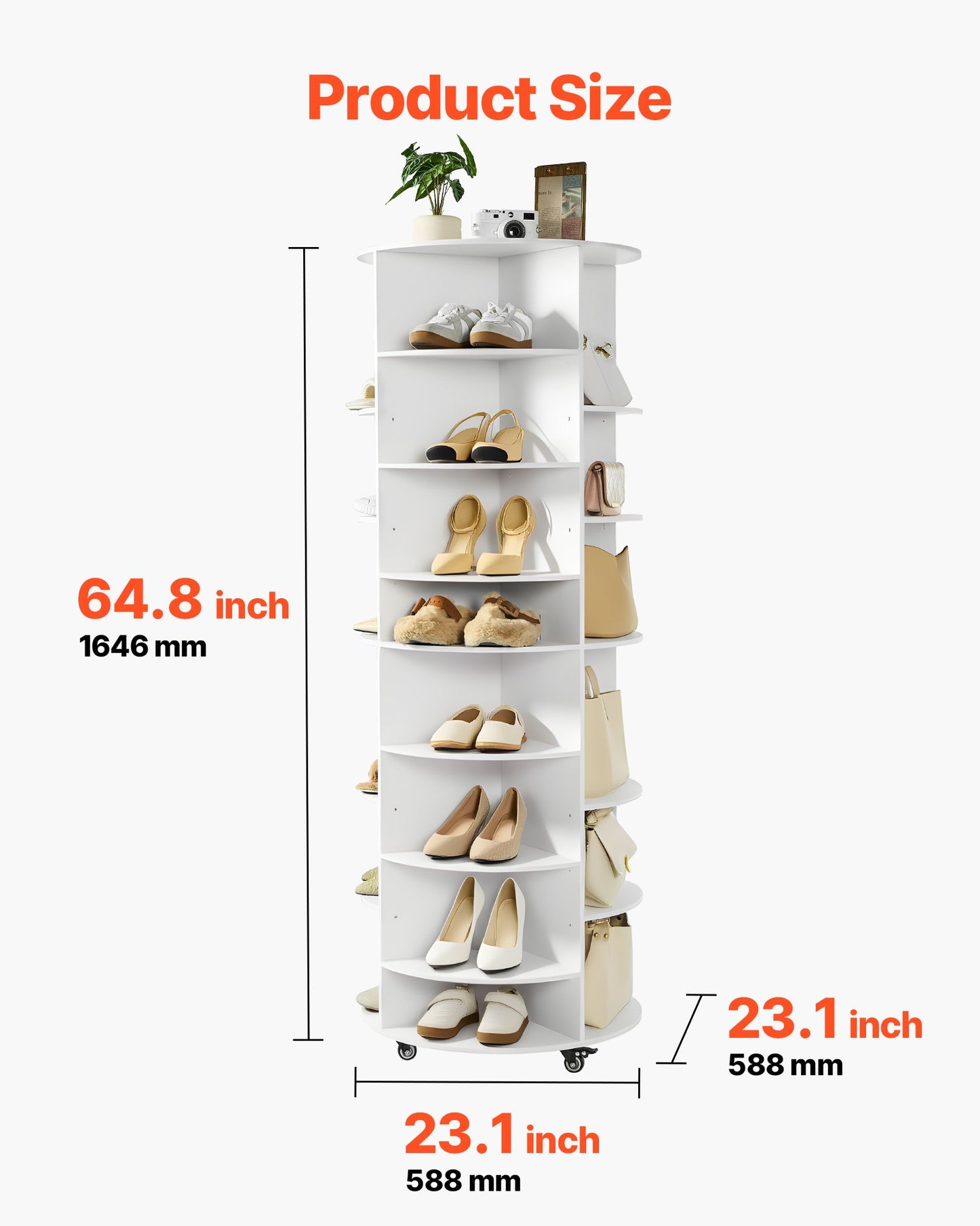 7 Tier Rotating Shoe Rack Tower with Adjustable Shelves, Movable 360° Spinning Carousel Display with Wheels, Lazy Susan Organizer Closet for Bedroom, Living Room, Entryway, Closet, White