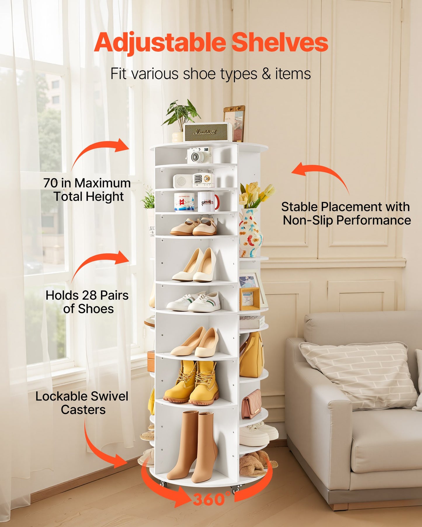 7 Tier Rotating Shoe Rack Tower with Adjustable Shelves, Movable 360° Spinning Carousel Display with Wheels, Lazy Susan Organizer Closet for Bedroom, Living Room, Entryway, Closet, White