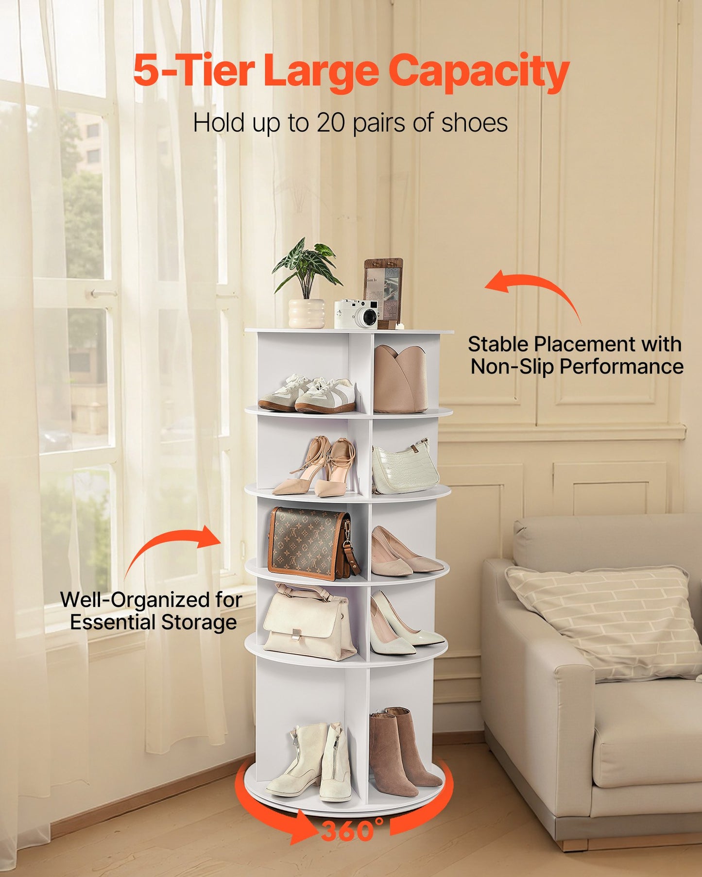 5 Tiers Rotating Shoe Rack Tower, 360° Spinning Shoe Rack, Revolving Storage Round Carousel Display, Freestanding Lazy Susan Organizer Display for Bedroom, Living Room, Entryway, Closet, White