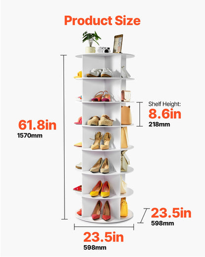 6 Tiers Rotating Shoe Rack Tower, 360° Spinning Shoe Rack, Revolving Storage Round Carousel Display, Freestanding Lazy Susan Organizer Display for Bedroom, Living Room, Entryway, Closet, White