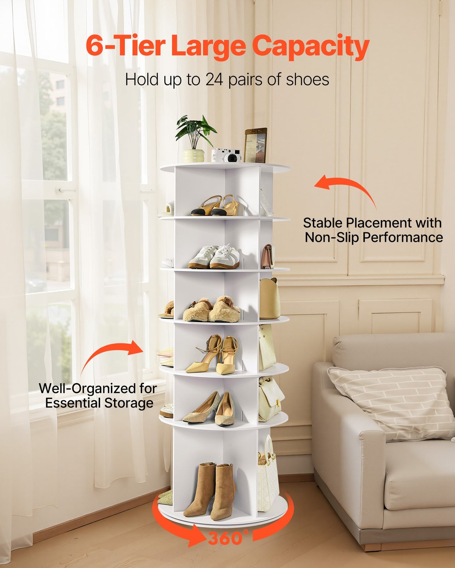 6 Tiers Rotating Shoe Rack Tower, 360° Spinning Shoe Rack, Revolving Storage Round Carousel Display, Freestanding Lazy Susan Organizer Display for Bedroom, Living Room, Entryway, Closet, White