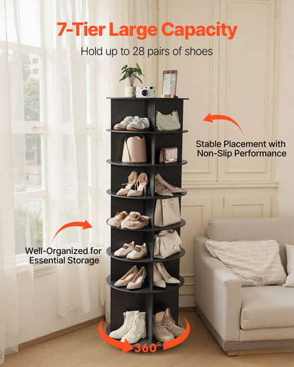 7 Tiers Rotating Shoe Rack Tower, 360° Spinning Shoe Rack, Revolving Storage Round Carousel Display, Freestanding Lazy Susan Organizer Display for Bedroom, Living Room, Entryway, Closet, Black