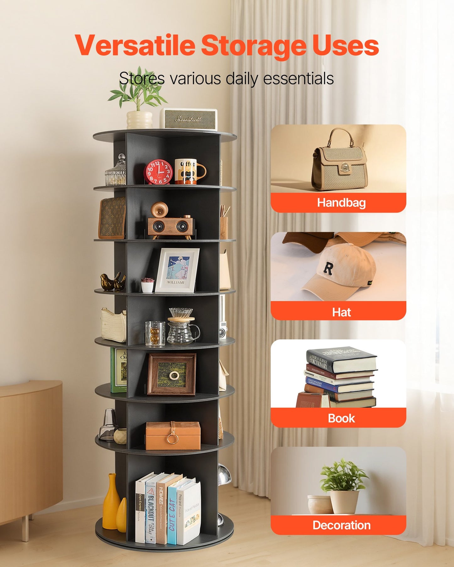7 Tiers Rotating Shoe Rack Tower, 360° Spinning Shoe Rack, Revolving Storage Round Carousel Display, Freestanding Lazy Susan Organizer Display for Bedroom, Living Room, Entryway, Closet, Black
