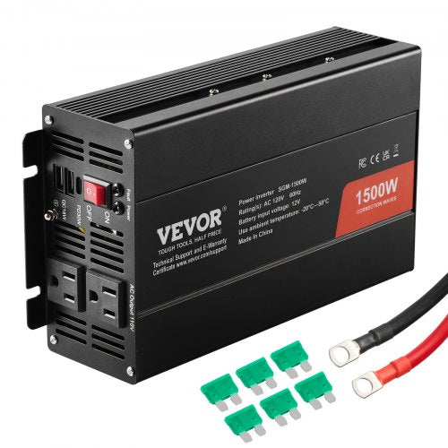 Modified Sine Wave Inverter, 1500W, DC 12V to AC 120V Power Inverter with 2 AC Outlets 2 USB Port 1 Type-C Port 6 Spare Fuses, for Small Home Devices like Smartphone Laptop, CE FCC Certified