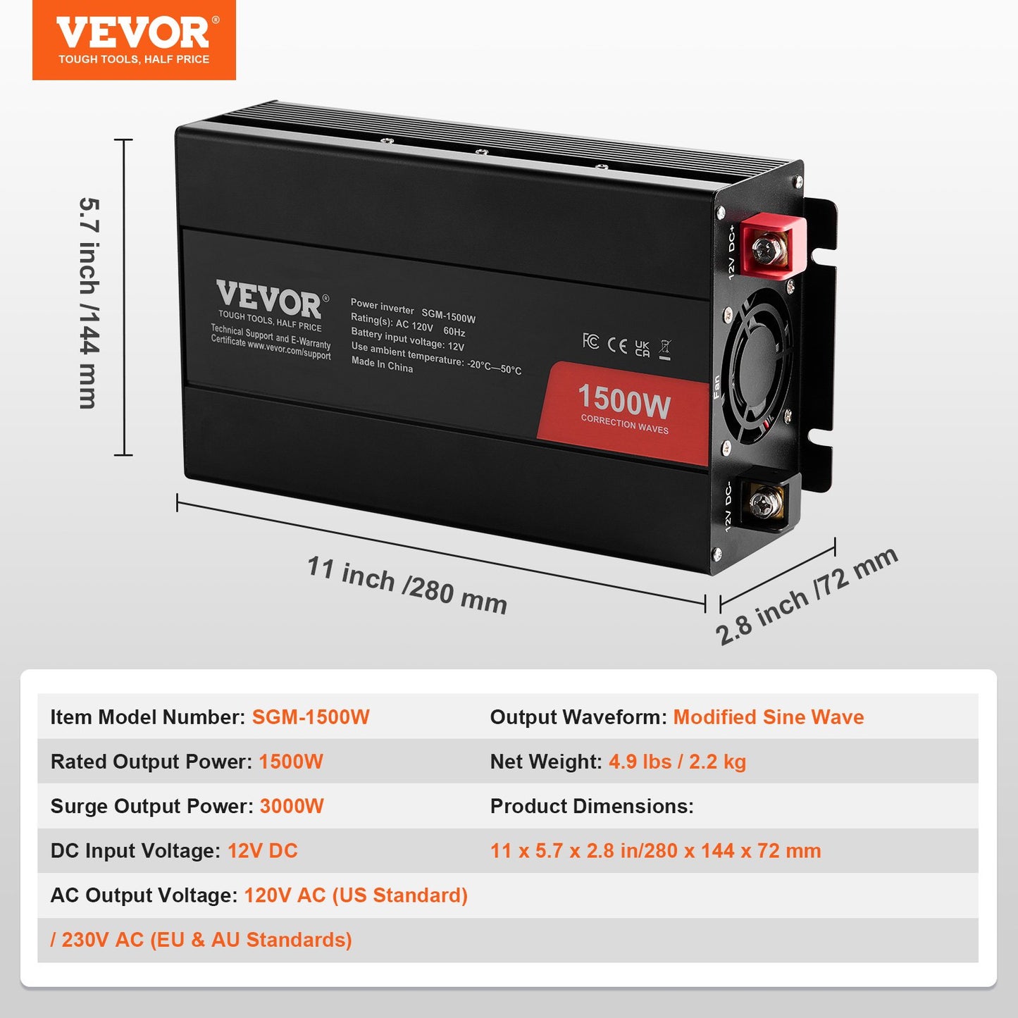 Modified Sine Wave Inverter, 1500W, DC 12V to AC 120V Power Inverter with 2 AC Outlets 2 USB Port 1 Type-C Port 6 Spare Fuses, for Small Home Devices like Smartphone Laptop, CE FCC Certified