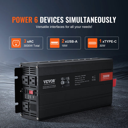 Modified Sine Wave Inverter, 3000Watt, DC 12V to AC 120V LCD Display Power Inverter with 3 AC Outlets 2 USB Port 1 Type-C Port 10 Spare Fuses, for Large Household Equipment, CE FCC Certified