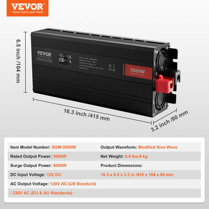 Modified Sine Wave Inverter, 3000Watt, DC 12V to AC 120V LCD Display Power Inverter with 3 AC Outlets 2 USB Port 1 Type-C Port 10 Spare Fuses, for Large Household Equipment, CE FCC Certified