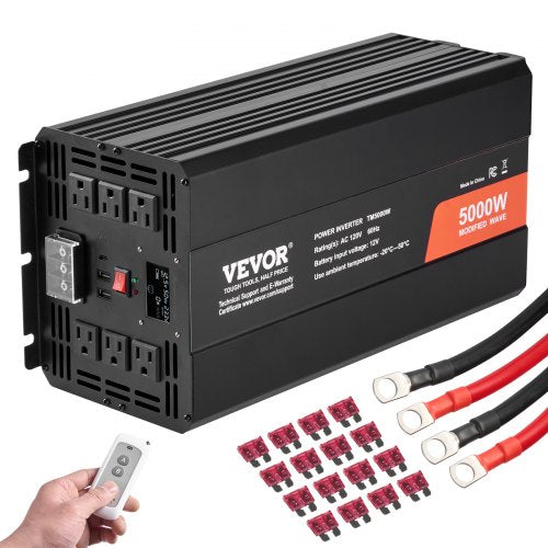 Modified Sine Wave Inverter, 5000W, DC 12V to AC 120V Power Inverter with 6 AC Outlets 2 USB Port 1 Type-C Port, LCD Display and Remote Controller for High Load Home Appliances, CE FCC Certified