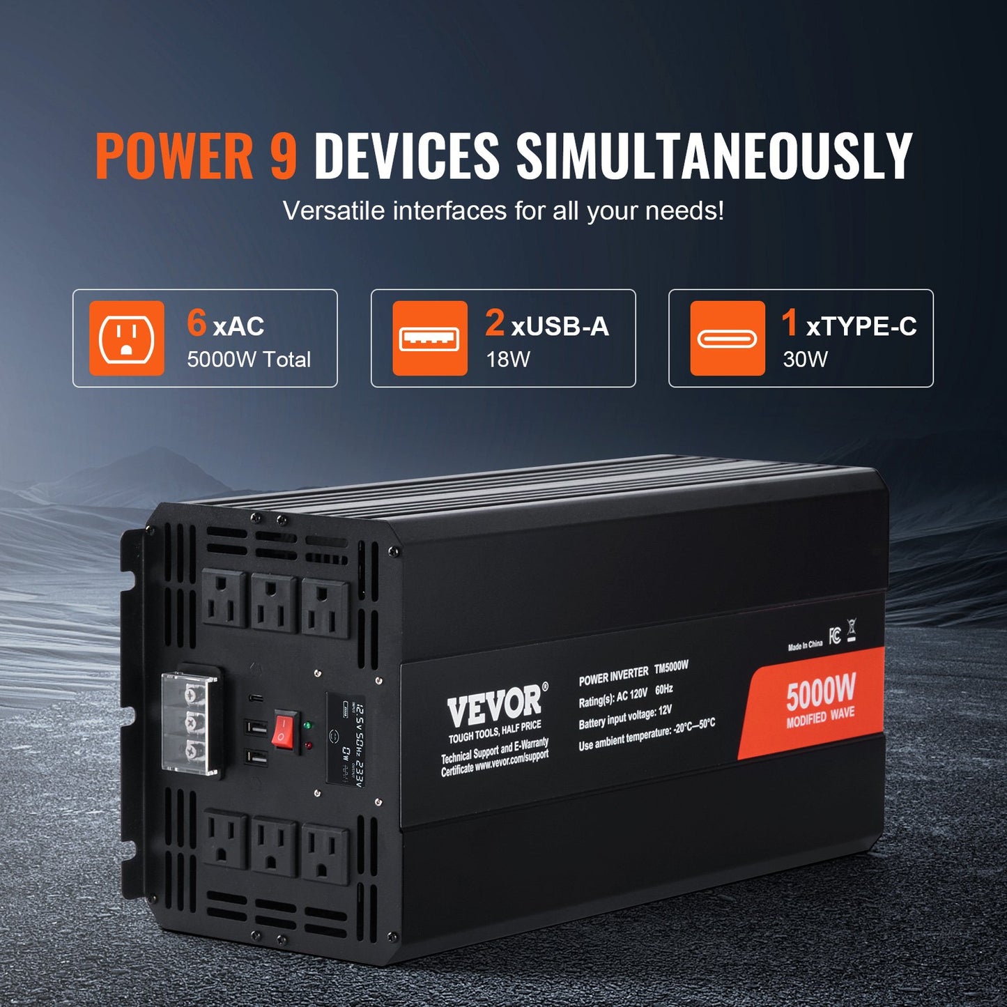 Modified Sine Wave Inverter, 5000W, DC 12V to AC 120V Power Inverter with 6 AC Outlets 2 USB Port 1 Type-C Port, LCD Display and Remote Controller for High Load Home Appliances, CE FCC Certified