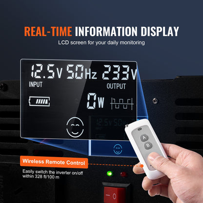 Modified Sine Wave Inverter, 5000W, DC 12V to AC 120V Power Inverter with 6 AC Outlets 2 USB Port 1 Type-C Port, LCD Display and Remote Controller for High Load Home Appliances, CE FCC Certified