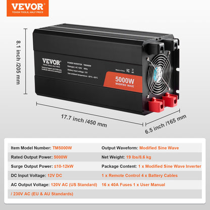 Modified Sine Wave Inverter, 5000W, DC 12V to AC 120V Power Inverter with 6 AC Outlets 2 USB Port 1 Type-C Port, LCD Display and Remote Controller for High Load Home Appliances, CE FCC Certified