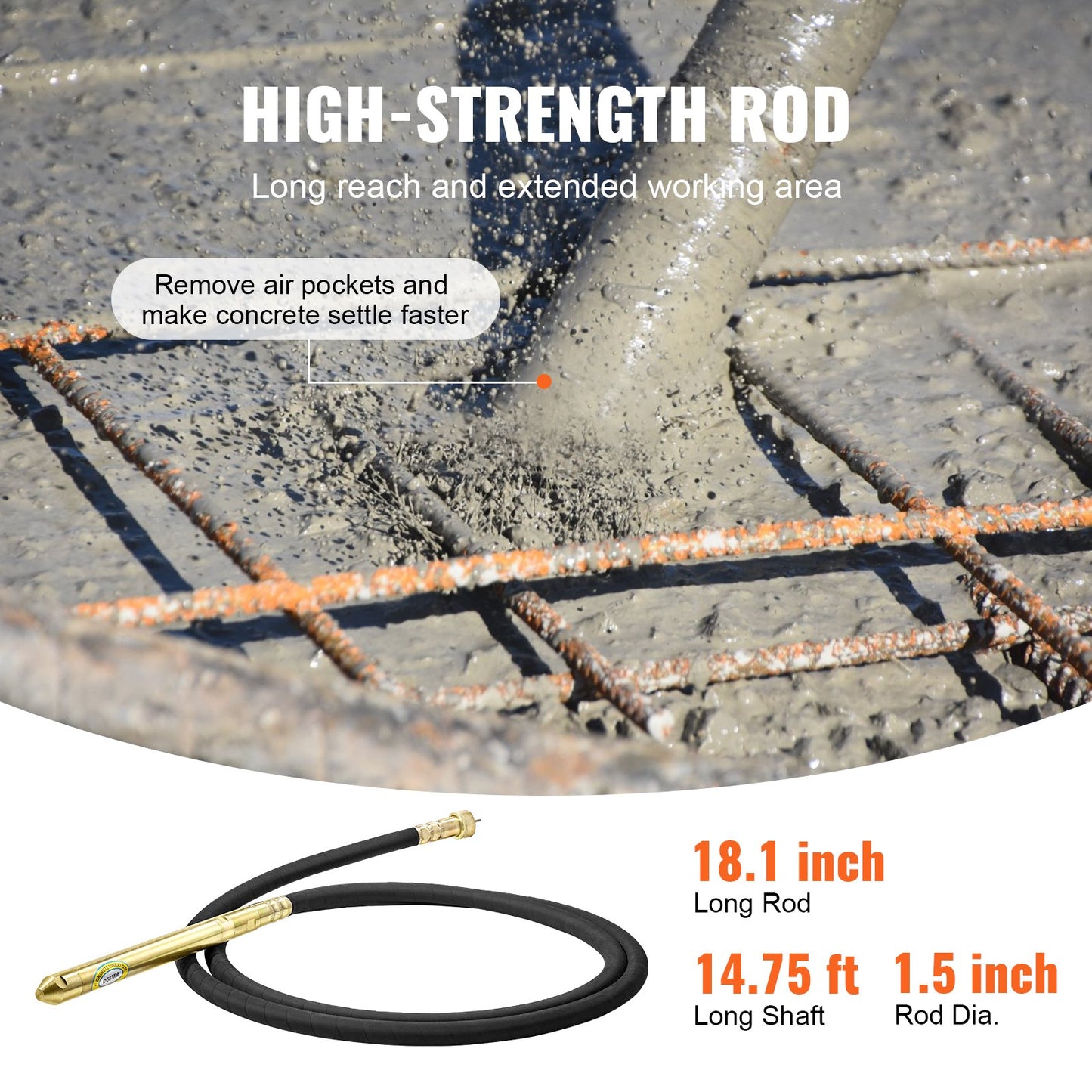Electric Concrete Vibrator, 1300W 16000 VPM, 2HP Copper Motor Handheld Concrete Vibrating Tool, Portable Pencil Cement Vibrator with Shaft of 14.75ft / 4.5m, Remove Air Bubble and Level Concrete