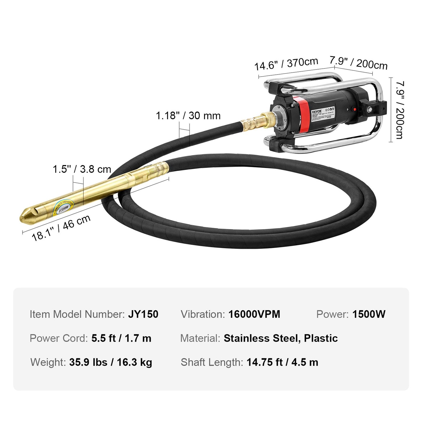 Electric Concrete Vibrator, 1300W 16000 VPM, 2HP Copper Motor Handheld Concrete Vibrating Tool, Portable Pencil Cement Vibrator with Shaft of 14.75ft / 4.5m, Remove Air Bubble and Level Concrete