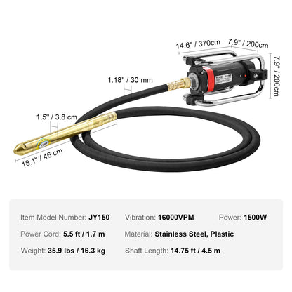 Electric Concrete Vibrator, 1300W 16000 VPM, 2HP Copper Motor Handheld Concrete Vibrating Tool, Portable Pencil Cement Vibrator with Shaft of 14.75ft / 4.5m, Remove Air Bubble and Level Concrete