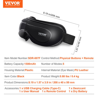 Eye Massager with Heat & Remote, Heated Eye Massage Mask with 5 Modes and Bluetooth Music, 180° Foldable Eye Care Massager for Eye Strain, Dry Eyes, Dark Circles, Ideal Gift for Mom/Dad, Black