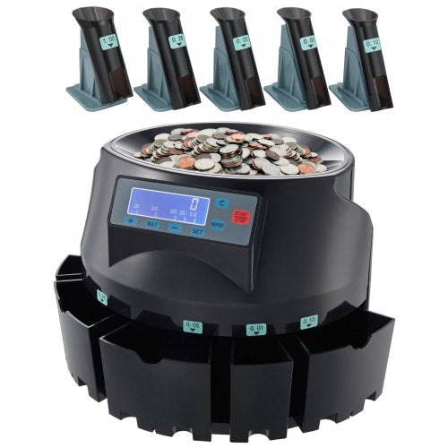 USD Coin Counter & Coin Sorters with LCD Display, Coin Sorter Machine for USD Coin 1￠ 5￠ 10￠ 25￠ $1, Sorts up to 300 Coins/min, Change Counter Holds 2000 Coins Included 5 Coin Bins & 5 Tubes