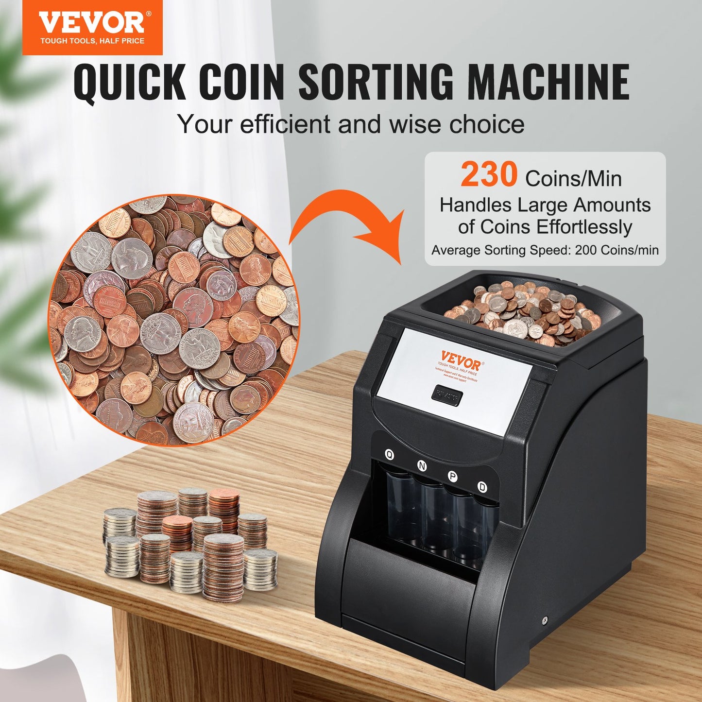 USD Coin Sorter, Coin Sorter Machine for USD Coin 1￠ 5￠ 10￠ 25￠, Sorts up to 230 Coins/min, Coin Sorter and Wrapper Machine Holds 200 Coins Included 4 Coin Tubes, Black