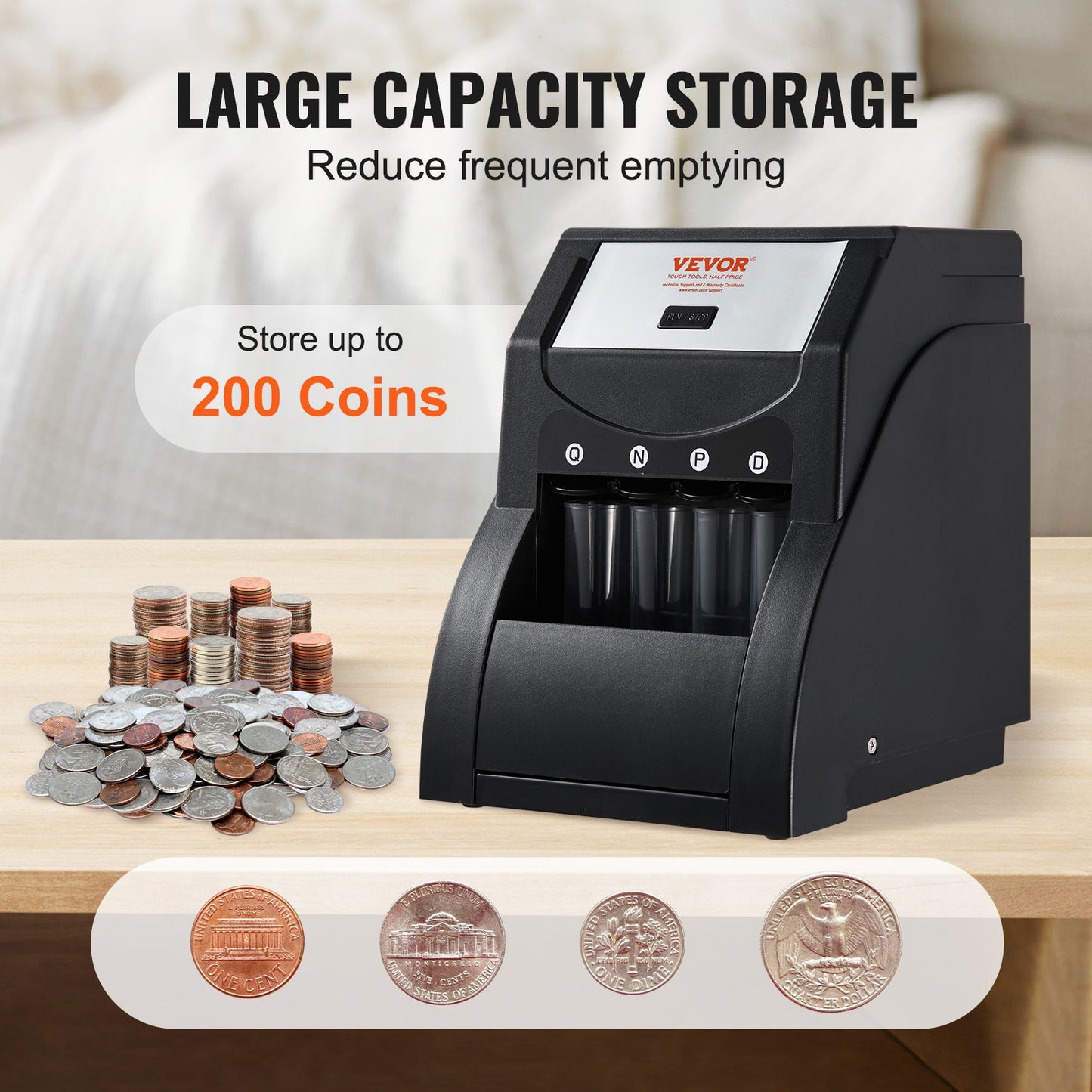 USD Coin Sorter, Coin Sorter Machine for USD Coin 1￠ 5￠ 10￠ 25￠, Sorts up to 230 Coins/min, Coin Sorter and Wrapper Machine Holds 200 Coins Included 4 Coin Tubes, Black