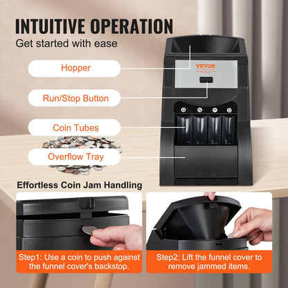 USD Coin Sorter, Coin Sorter Machine for USD Coin 1￠ 5￠ 10￠ 25￠, Sorts up to 230 Coins/min, Coin Sorter and Wrapper Machine Holds 200 Coins Included 4 Coin Tubes, Black