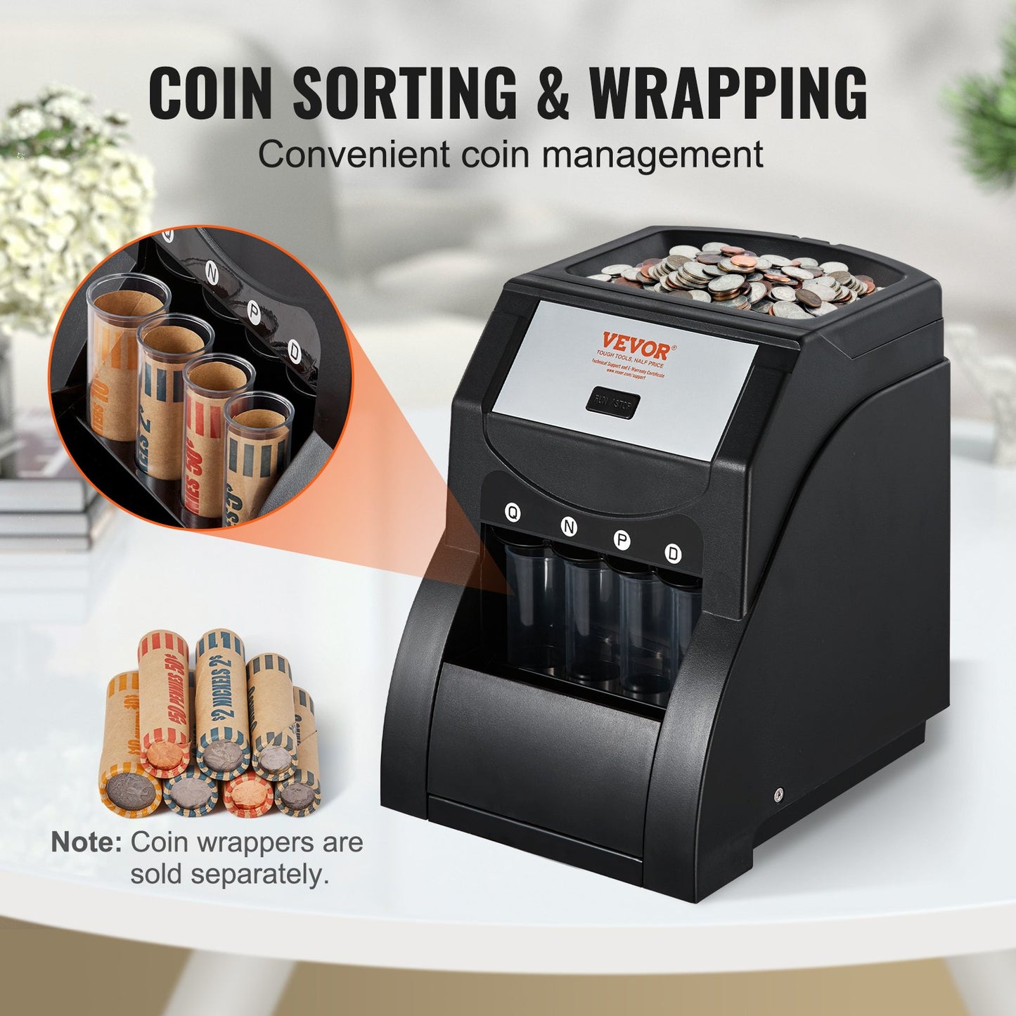 USD Coin Sorter, Coin Sorter Machine for USD Coin 1￠ 5￠ 10￠ 25￠, Sorts up to 230 Coins/min, Coin Sorter and Wrapper Machine Holds 200 Coins Included 4 Coin Tubes, Black