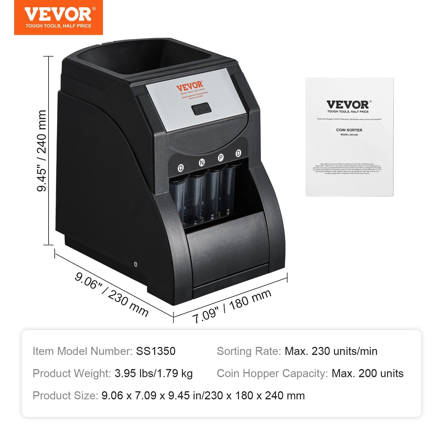 USD Coin Sorter, Coin Sorter Machine for USD Coin 1￠ 5￠ 10￠ 25￠, Sorts up to 230 Coins/min, Coin Sorter and Wrapper Machine Holds 200 Coins Included 4 Coin Tubes, Black