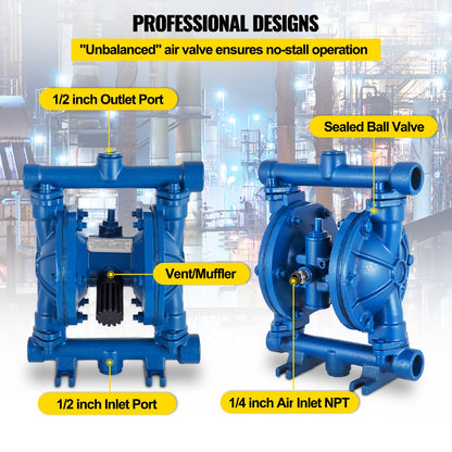 Air-Operated Double Diaphragm Pump, 1/2 in Inlet & Outlet, Cast Iron Body, 3 GPM & Max 90 PSI, Nitrile Diaphragm Pneumatic Transfer Pump for Petroleum, Diesel, Oil & Low Viscosity Fluids