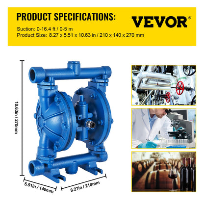 Air-Operated Double Diaphragm Pump, 1/2 in Inlet & Outlet, Cast Iron Body, 3 GPM & Max 90 PSI, Nitrile Diaphragm Pneumatic Transfer Pump for Petroleum, Diesel, Oil & Low Viscosity Fluids