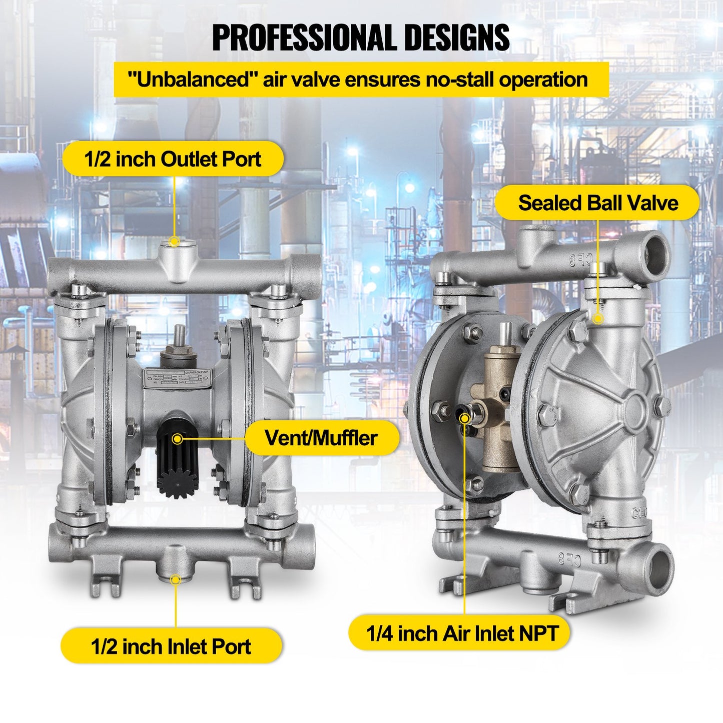 Air-Operated Double Diaphragm Pump, 1/2 in Inlet & Outlet, Stainless Steel Body, 8.8 GPM & Max 120PSI, PTFE Diaphragm Pneumatic Transfer Pump for Petroleum, Diesel, Oil & Low Viscosity Fluids