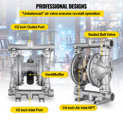 Air-Operated Double Diaphragm Pump, 1/2 in Inlet & Outlet, Stainless Steel Body, 8.8 GPM & Max 120PSI, PTFE Diaphragm Pneumatic Transfer Pump for Petroleum, Diesel, Oil & Low Viscosity Fluids