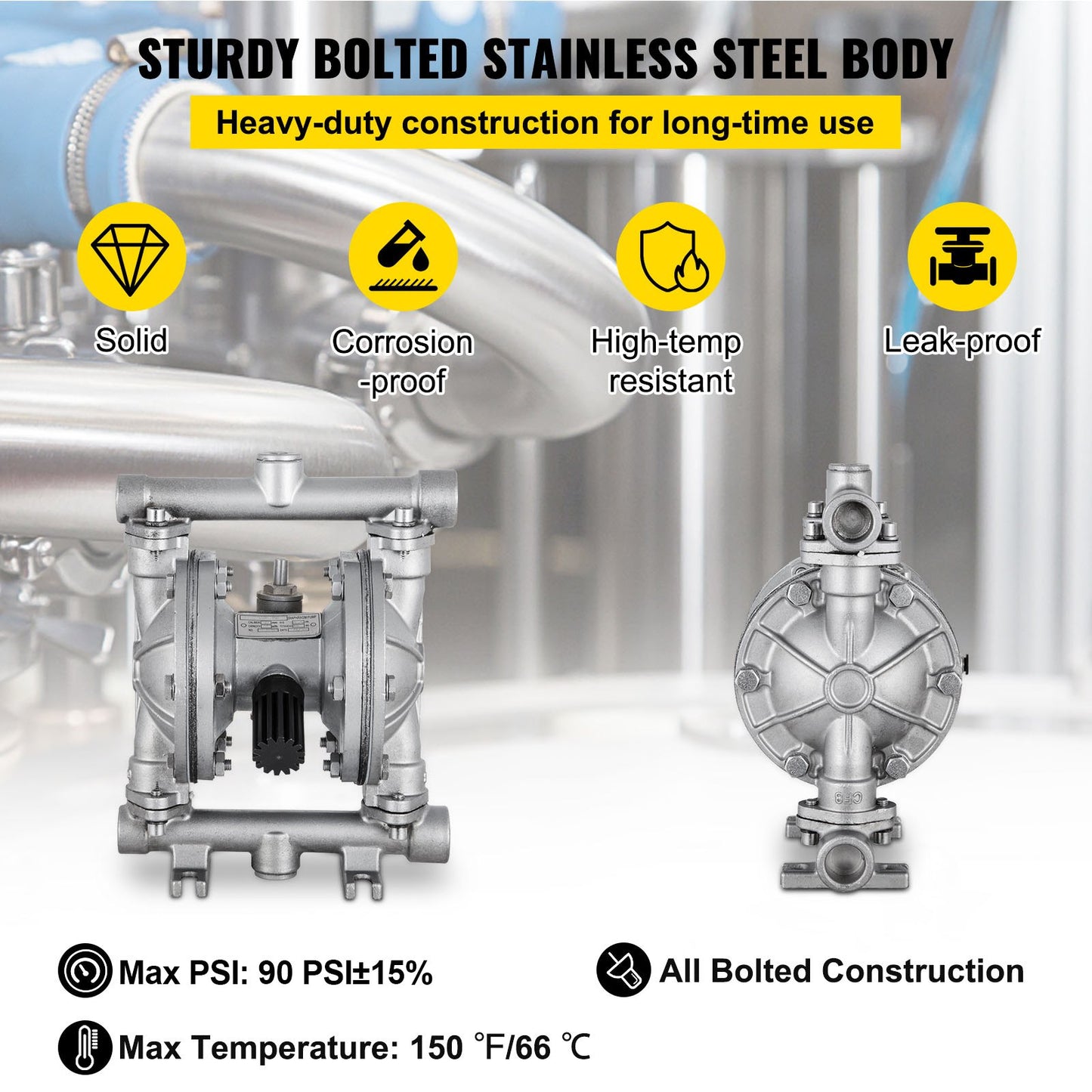 Luftbetriebene Doppelmembranpumpe, 1/2 Einlass und Auslass, Edelstahlgehäuse, 3 GPM und max. 90 PSI, pneumatische PTFE-Membran-Transferpumpe für Erdöl, Diesel, Öl und Flüssigkeiten mit niedriger Viskosität