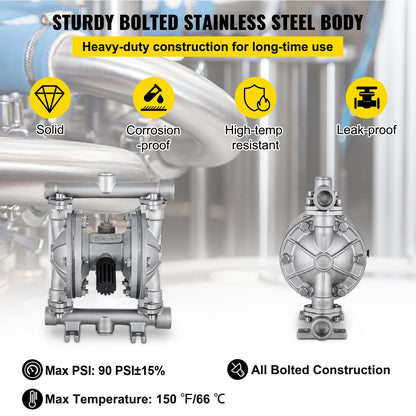 Luftbetriebene Doppelmembranpumpe, 1/2 Einlass und Auslass, Edelstahlgehäuse, 3 GPM und max. 90 PSI, pneumatische PTFE-Membran-Transferpumpe für Erdöl, Diesel, Öl und Flüssigkeiten mit niedriger Viskosität