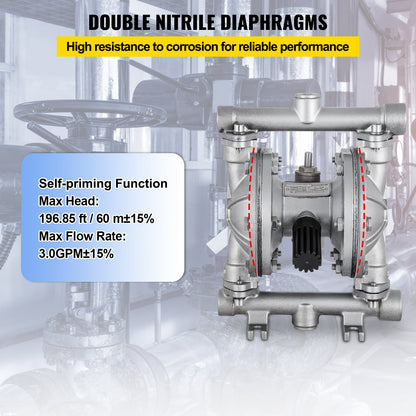 Luftbetriebene Doppelmembranpumpe, 1/2 Einlass und Auslass, Edelstahlgehäuse, 3 GPM und max. 90 PSI, pneumatische PTFE-Membran-Transferpumpe für Erdöl, Diesel, Öl und Flüssigkeiten mit niedriger Viskosität