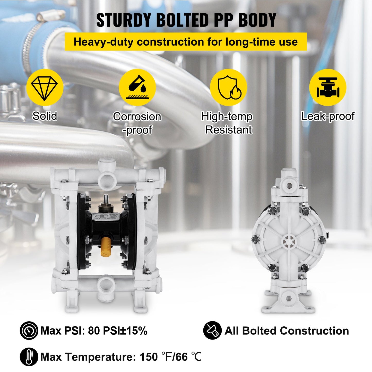 Air-Operated Double Diaphragm Pump, 1/2 in Inlet & Outlet, Polypropylene Body, 2.5 GPM & Max 80PSI, PTFE Diaphragm Pneumatic Transfer Pump for Petroleum, Diesel, Oil & Low Viscosity Fluids