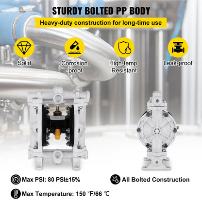 Air-Operated Double Diaphragm Pump, 1/2 in Inlet & Outlet, Polypropylene Body, 2.5 GPM & Max 80PSI, PTFE Diaphragm Pneumatic Transfer Pump for Petroleum, Diesel, Oil & Low Viscosity Fluids
